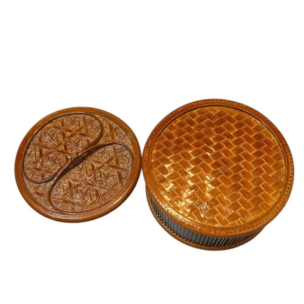 Vintage Asian Lacquered Handmade Open Weave Bamboo Box With Lid